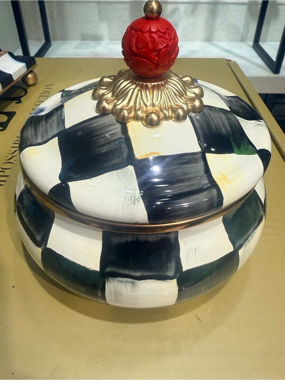 MacKenzie-Childs Black, White & Gold Checker Ceramic Jar with Red Finial